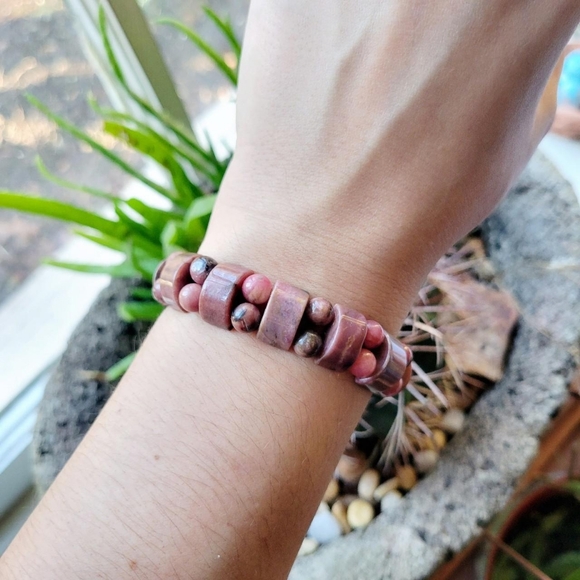 Vintage Natural Rhodonite Boho Beaded Bracelet - Picture 5 of 7